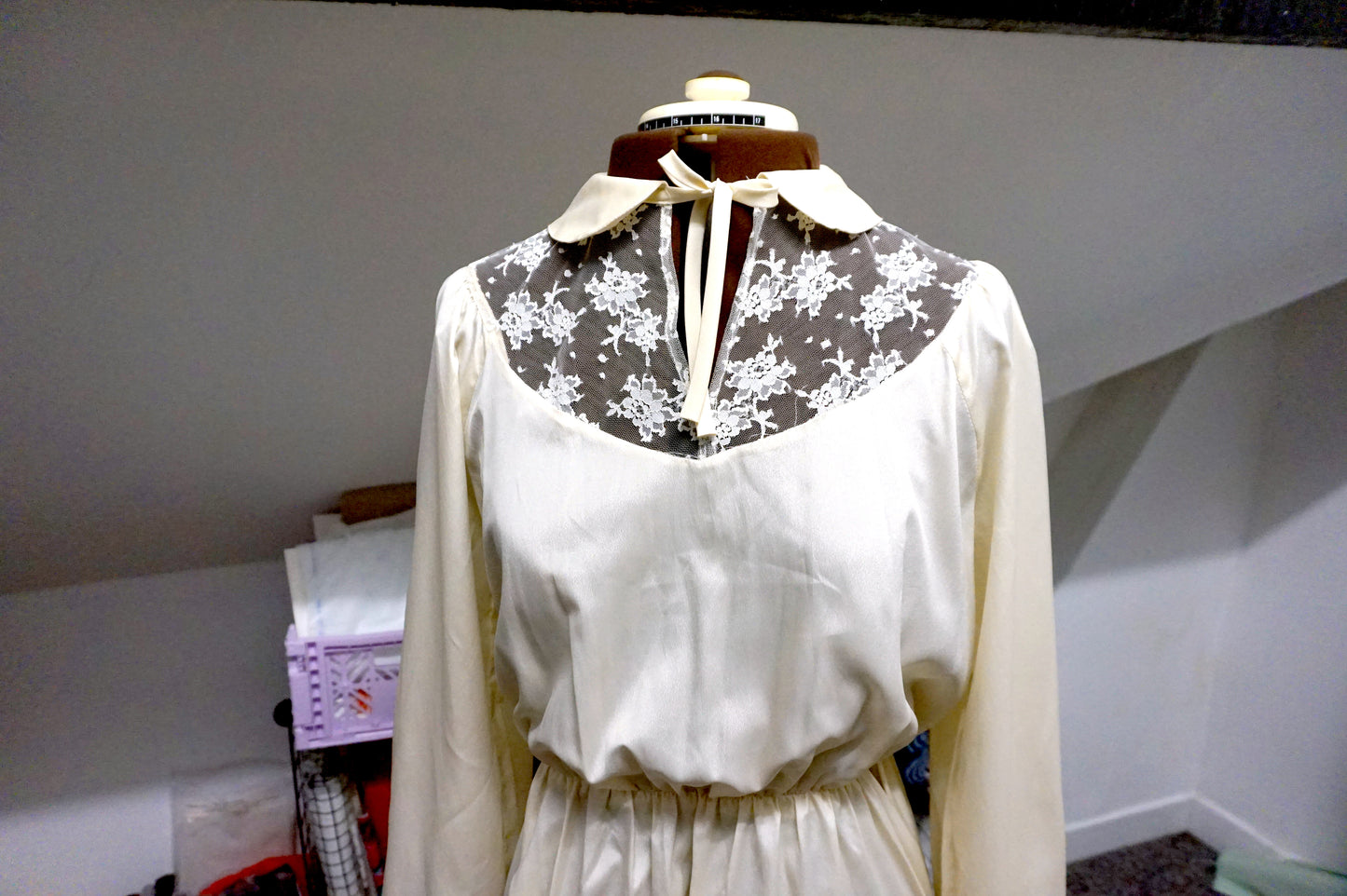 1970's Ivory silky dress - wedding dress with lace insert