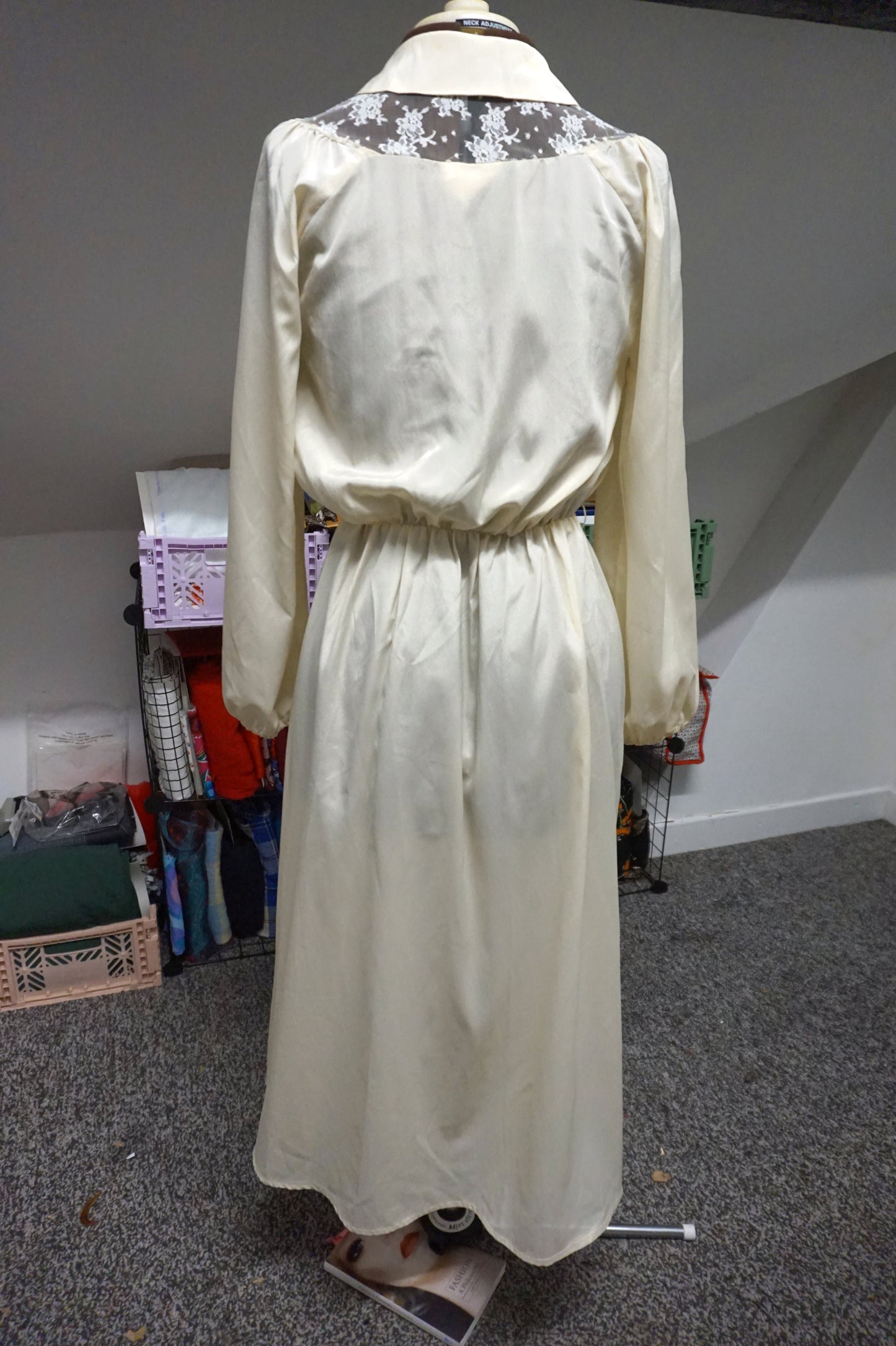 1970's Ivory silky dress - wedding dress with lace insert