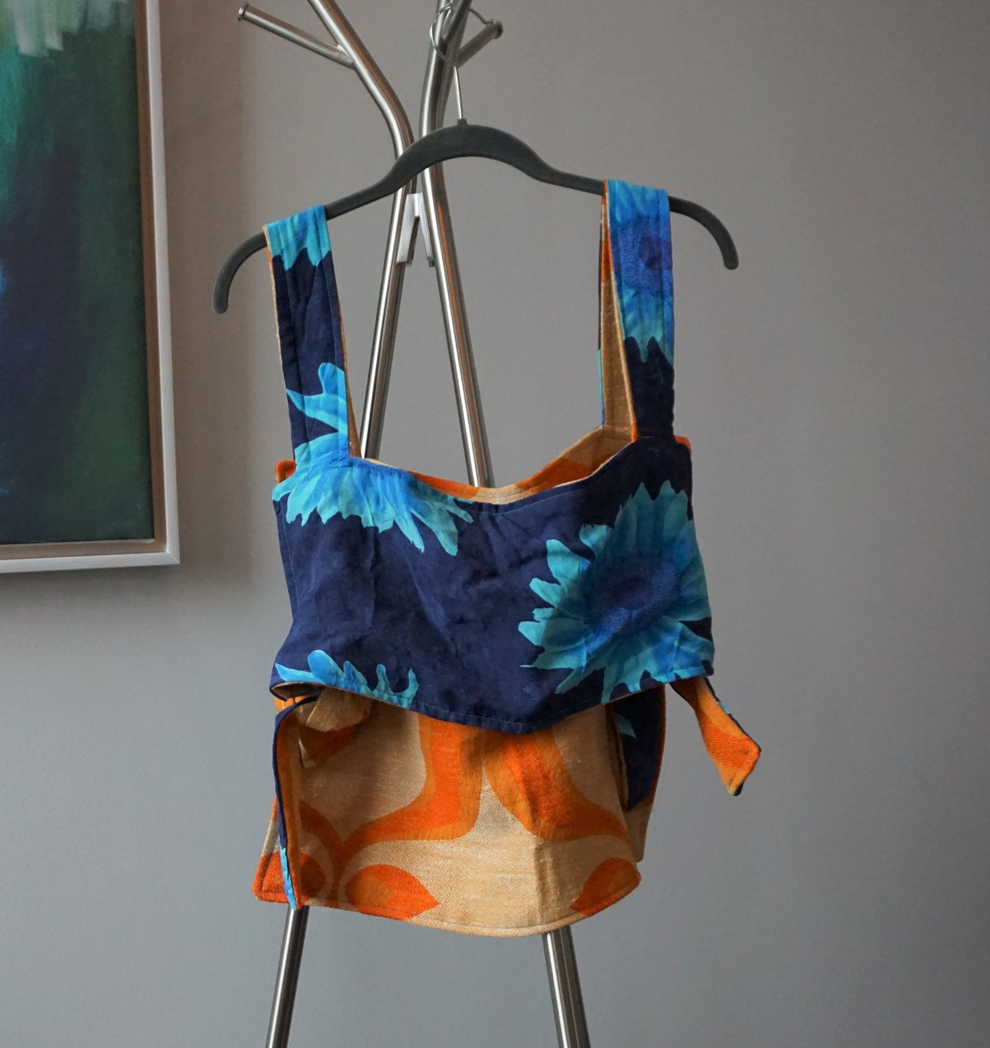 Retro Orange and Blue Floral Pinafore Top