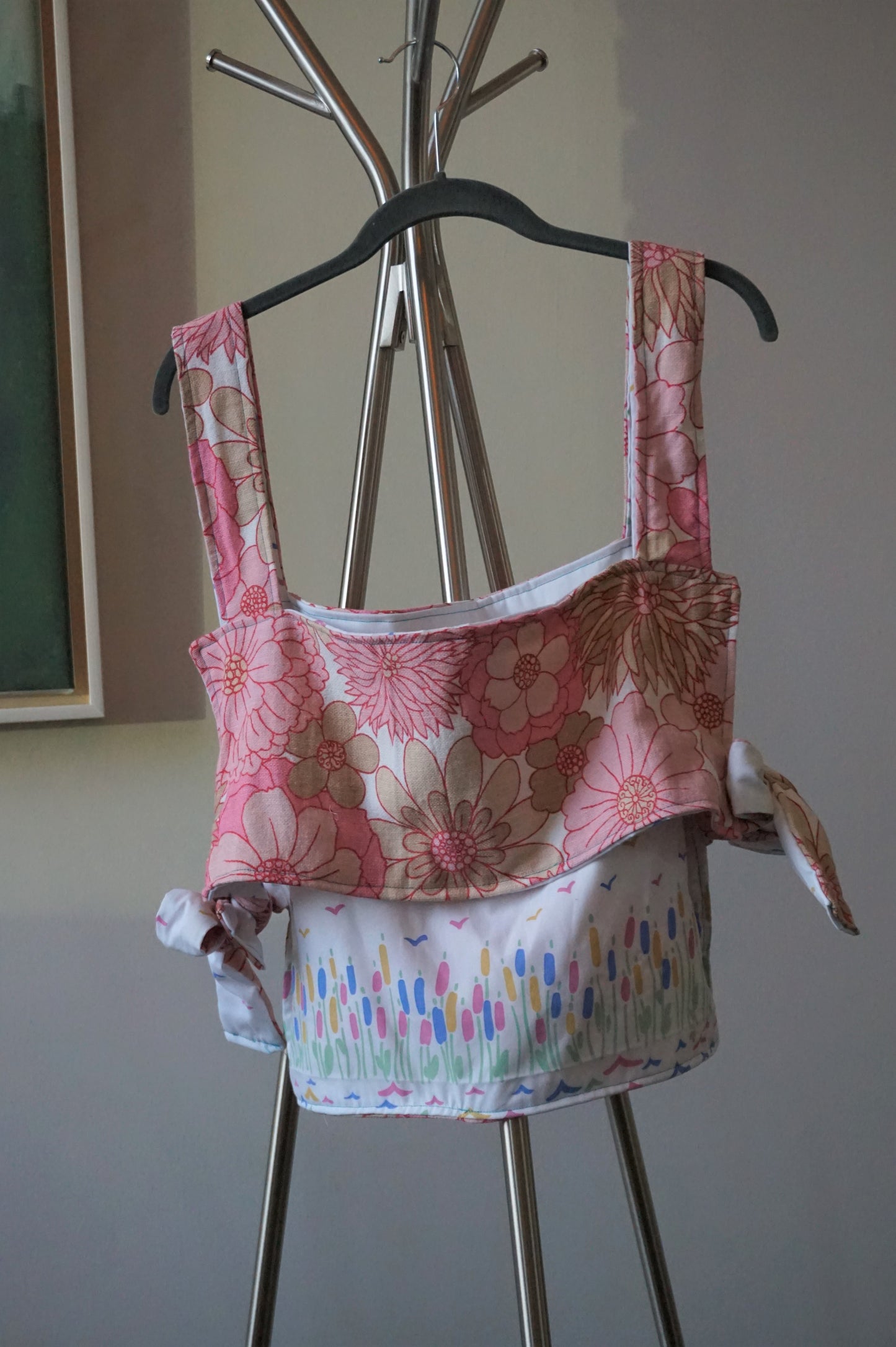 White Floral and Retro Pink Pinafore Top