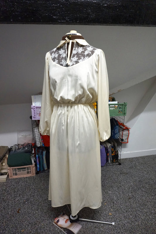 1970's Ivory silky dress - wedding dress with lace insert