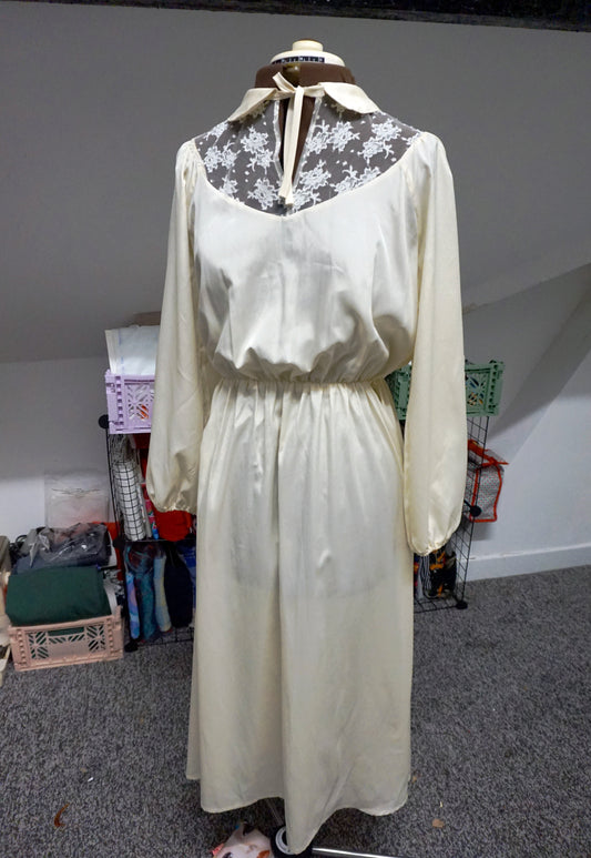 1970's Ivory silky dress - wedding dress with lace insert