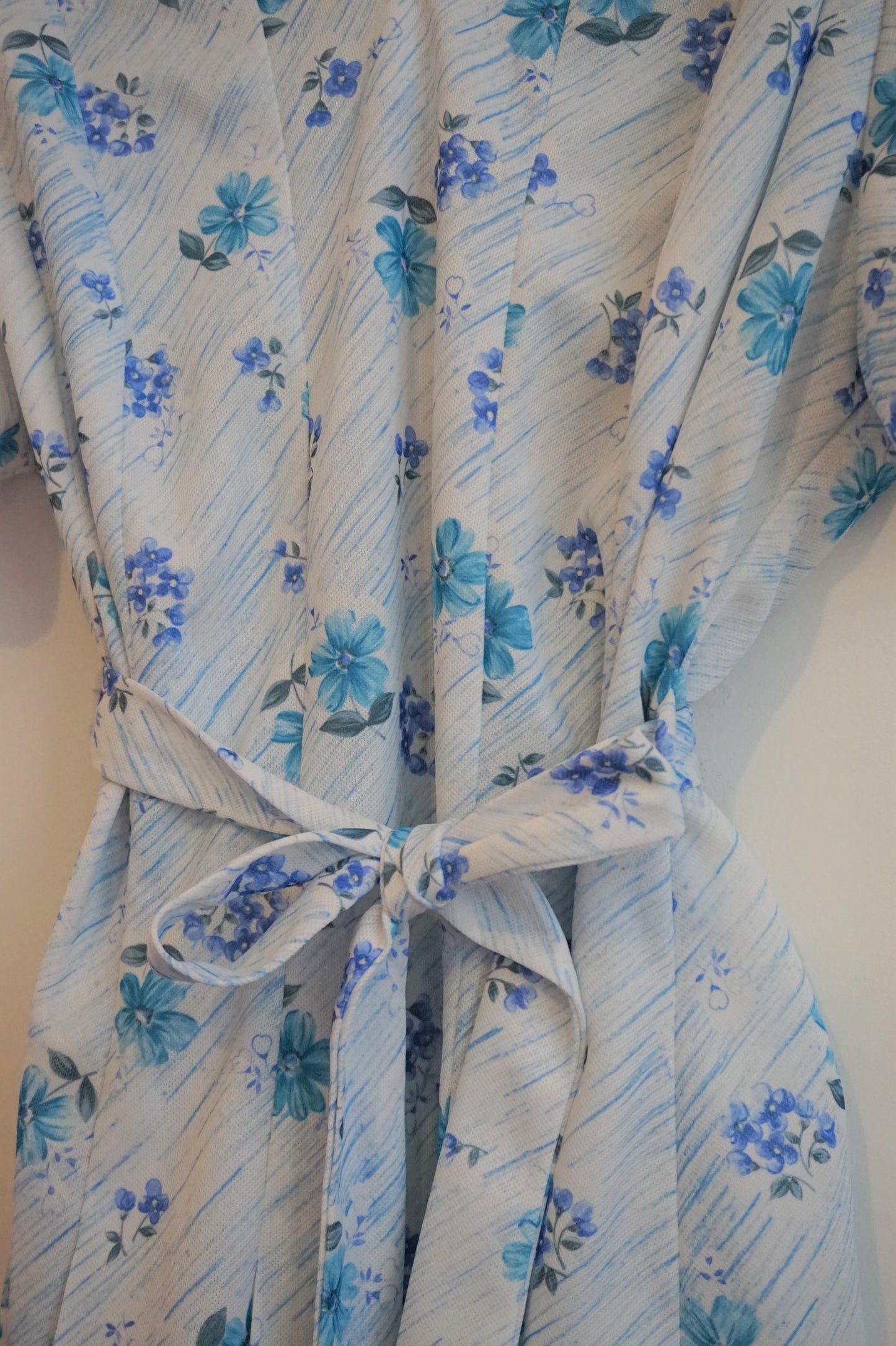 White 70's tea dress with blue floral pattern
