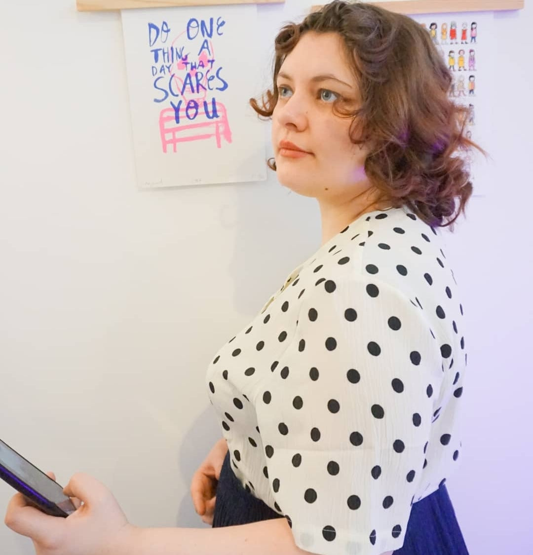 90s cream blouse with black polka dots